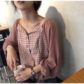 Check V-neck Long-sleeve Blouse Pink - One Size