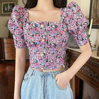 Short-sleeve Floral Print Blouse / Mini Sheath Dress