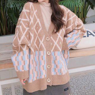 Argyle Print Cardigan Khaki - One Size