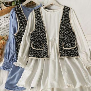Set: Plain Midi Dress + Open-front Vest
