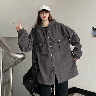 Front Pocket Button-up Hooded Corduroy Jacket