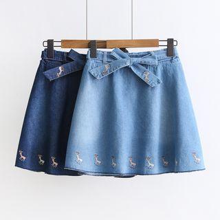 Deer Embroidered A-line Denim Skirt