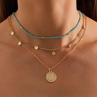 Set Of 3: Beaded Choker + Pendant Necklace Set Of 3 Pcs - Blue & Gold - One Size