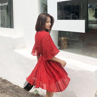 Wrap-front Dot Chiffon Mini Flare Dress