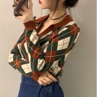 Argyle Collared Sweater Red & Green & White - One Size