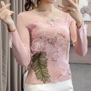 Long-sleeve Floral Embroidered Knit Top