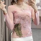 Long-sleeve Floral Embroidered Knit Top