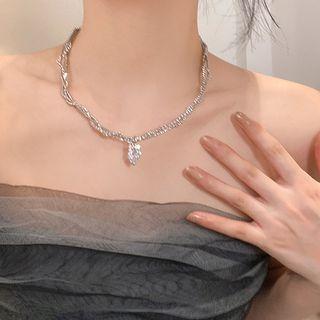 Rhinestone Heart Layered Necklace Silver - One Size