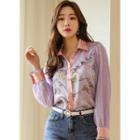 Tulle-panel Frilled Patterned Satin Blouse