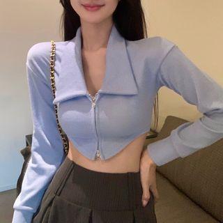 Collared Zip-up Crop Cardigan Blue - One Size