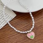 Flower Heart Pendant Faux Pearl Choker 01 - Necklace - Tulip - Faux Pearl - One Size