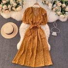 Puff-sleeve Floral Print Tie-waist Midi A-line Dress