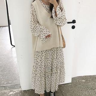 Set: Dotted Long-sleeve Midi Dress + V-neck Knitted Vest