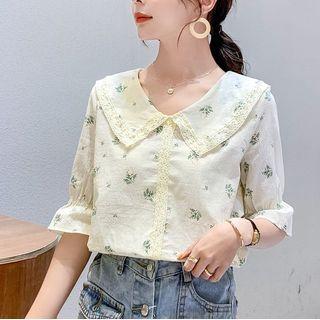 Elbow-sleeve Lace Trim Floral Blouse