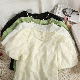 Pearl-trim Puff-sleeve Chiffon Top
