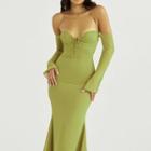 Long-sleeve Halter Off-shoulder Midi Sheath Dress
