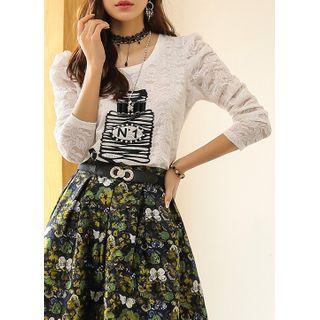 Beaded Printed Puff-sleeve Laced Top