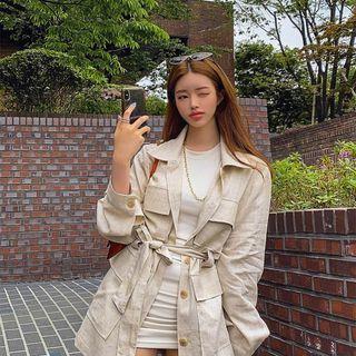 Flap-pocket Linen Safari Jacket With Sash