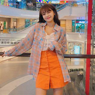 Long-sleeve Plaid Shirt / Spaghetti Strap Drawstring Knit Top / Buttoned A-line Mini Skirt