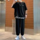 Short-sleeve Lettering T-shirt / Drawstring Cropped Harem Pants / Set