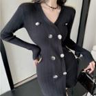 Long-sleeve Double-breasted Chained Mini Bodycon Dress Black - One Size