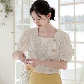 Floral Puff-sleeve Square-neck Cropped Blouse White - One Size