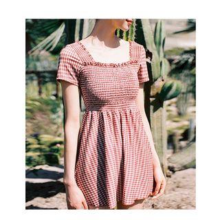 Couple Matching Plaid Short-sleeve Swimdress + Swim Shorts