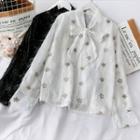 Ribbon-neckline Star-embroidered Fringed Shirt
