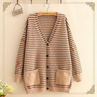 Floral Embroidered Striped Knit Cardigan