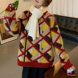 Geometric Pattern Sweater Argyle - Red - One Size