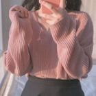 Plain V-neck Oversize Sweater Mauve Pink - One Size