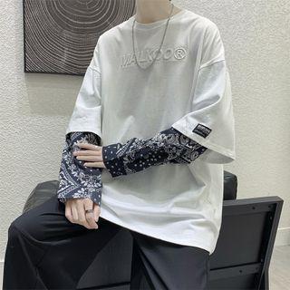Long-sleeve Mock Two-piece Paisley Print Panel T-shirt
