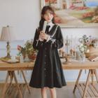 Mock Two-piece Long-sleeve Bow Lace Trim Midi A-line Dress