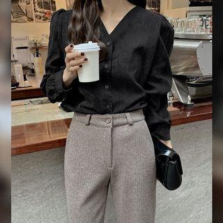 Puff-sleeve V-neck Corduroy Blouse