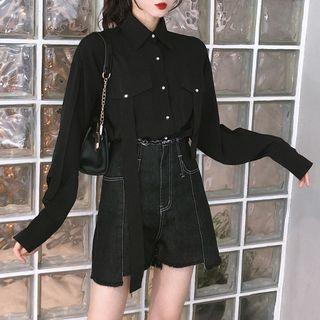 Dual-pocket Shirt / Asymmetrical Denim Shorts