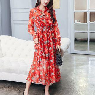 Set: Printed Long-sleeve Midi Dress + Plain Slipdress