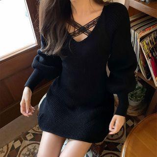 Puff-sleeve Lace Strap Sweater Dress