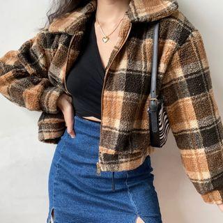 Lapel Plaid Fleece Jacket