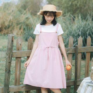 Set: Plain Drawstring Waist Pinafore Dress + Short Sleeve T-shirt