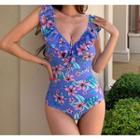 Deep Plunge Floral Print Ruffled Swimsuit