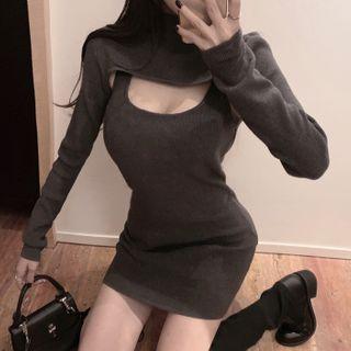 Mock-turtleneck Cut-out Mini Knit Dress Gray - One Size