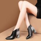 Genuine Leather Chunky Heel Color Panel Ankle Boots