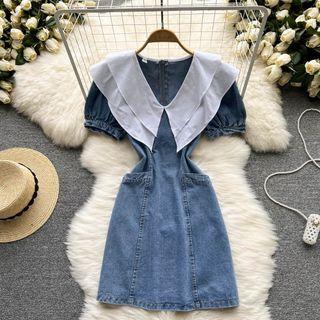 Puff-sleeve Collar Denim Mini A-line Dress
