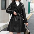 Fleece-lined Faux Leather Belted Coat