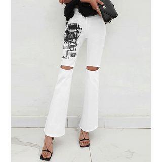 Slit-knee Graphic Bootcut Pants