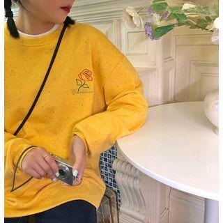 Long-sleeve Round-neck Rose Embroidered Dotted Sweatshirt
