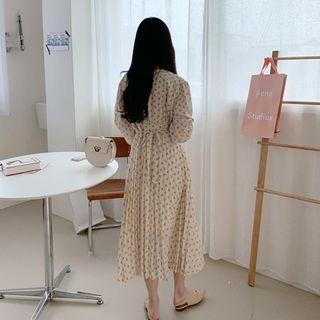 V-neck Accordion-pleat Long Floral Dress Light Beige - One Size
