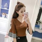 V-neck Flared-cuff Knitted Top