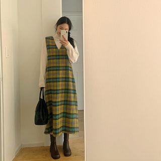 Woolen Plaid Long Pinafore Dress