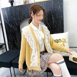 Long-sleeve Lace Trim Knit Cardigan